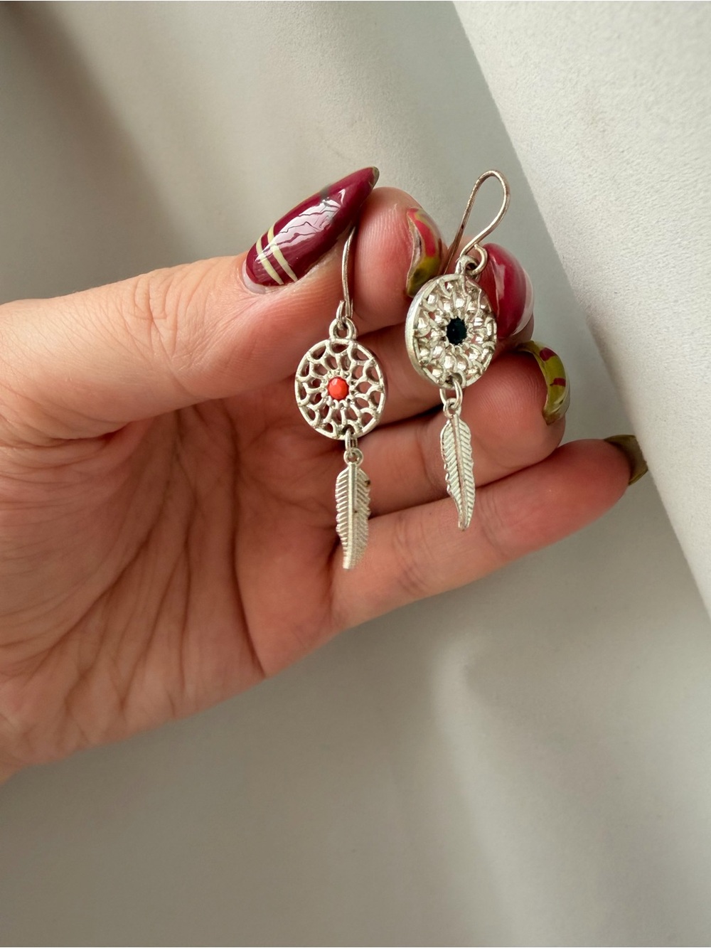 Silver Dreamcatcher Feather Drop Earrings